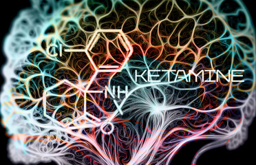 Obraz premium Ketamine. Dissociative ketamine. Chemical formula, molecular structure. Ilustration background for your desigen. Disoviative drugs. Ketamin banner.