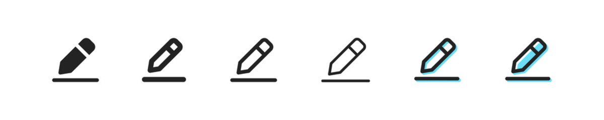 Pen write icon. Vector pencil symbol. Simple draw outline signs. edit element set. Pen writing line web sign. Phone button, thin text, write down flat icons.