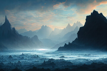 Fototapeta na wymiar Illustration of mountains, dramatic panoramic view, foggy and mysterious mountain massif, fantasy art, 3d illustration