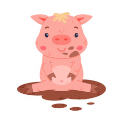 Funny Pink Piggy Character with Hoof Sitting in Mud Vector Illustration