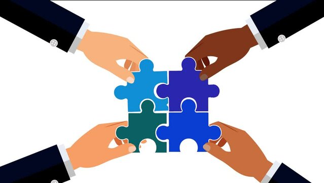 Business People's Hands Connect Puzzle Pieces Together on white Background. Animation Concept of Professional Teamwork, Collaboration and Working In Diverse Multicultural Team Members.