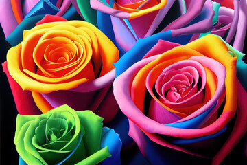 Fototapeta na wymiar Bouquet of coloured roses, rainbow roses, multicolor rose flower background, flower with colored petals, 3d illustration