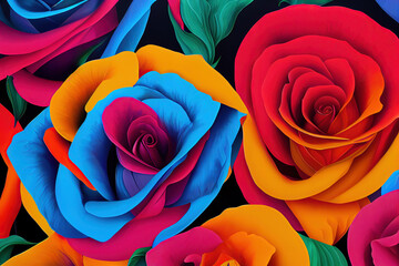 Fototapeta na wymiar Bouquet of coloured roses, rainbow roses, multicolor rose flower background, flower with colored petals, 3d illustration