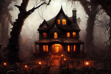 Fototapeta na wymiar Haunted house, a creepy haunted house in the dark mysterious forest, Halloween theme