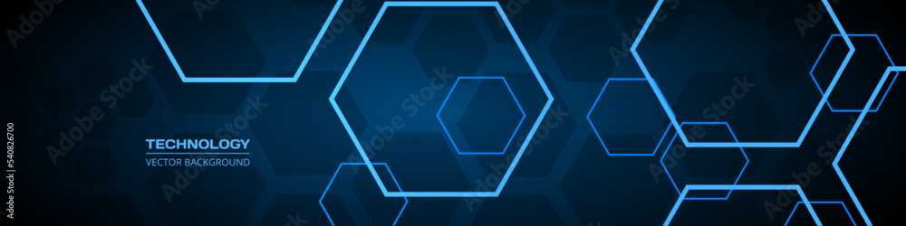 Poster technology dark blue wide abstract background with hexagonal elements. abstract hexagon medical navy