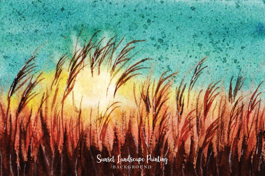 sunset in the field with pampas grass landscape painting background