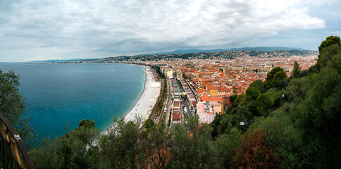 Fototapeta na wymiar Mediterranean coastline, rooftops of the Old Town, Vieille Ville taken from the Castle Hill in Nice, French Riviera, Cote d'Azur, France