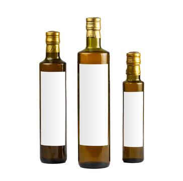 three bottles of organic oil with empty tags - isolated