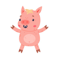 Fototapeta na wymiar Funny Pink Piggy Character with Hoof Standing and Smiling Vector Illustration