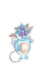 Illustration of a cute monster with wings. Little light blue monster. Drawing with colored pencils