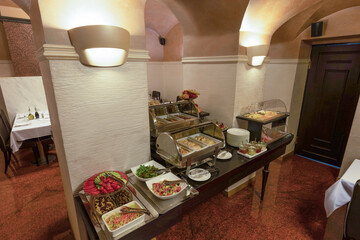 Food served on a buffet table