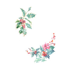 Watercolor Christmas frame. polygonal,geometry wreath, poinsettia, holly berry, winter berry, new year card, place for text. Merry Christmas Greeting card, stationery, invitation, poster, card ,diy