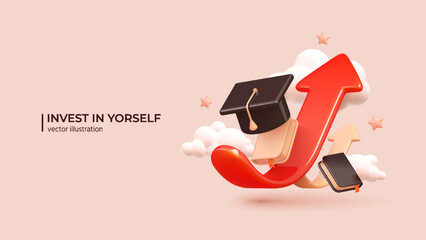 Invest In Yourself - 3D Concept to Success. Realistic 3d design of Business profit investment, finance education, earning income, business growth. Vector illustration in cartoon minimal style. - 540829116