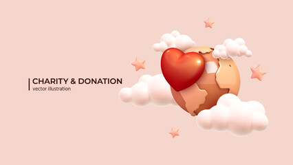 Carity - 3D Concept of support and kindness in community. Share empathy and hope with needy. Help and compassion in life. Realistic 3d cartoon minimal style. Vector illustration