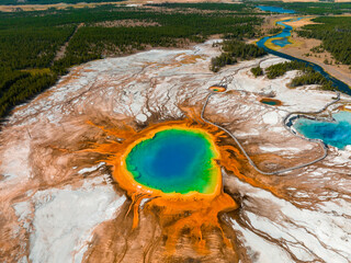 Aerial view of Grand Prismatic Spring in Midway Geyser Basin, Yellowstone National Park, Wyoming,...