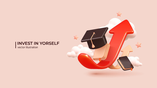 Invest In Yourself - 3D Concept to Success. Realistic 3d design of Business profit investment, finance education, earning income, business growth. Vector illustration in cartoon minimal style.