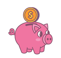 Piggy bank icon. Graphic element for website. Financial literacy, savings and budget, passive income. Gold coin dropped into pig toy. Economy and trading concept. Cartoon flat vector illustration