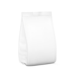 Vertical bag with gusset edges mockup. Vector illustration isolated on white background. Half side view. Can be use for your design, presentation, promo, ad. EPS10.	