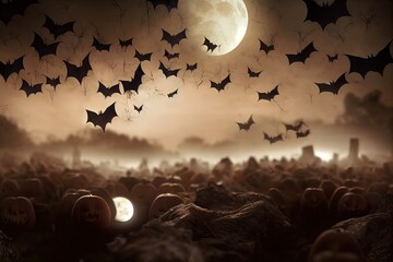 vampire bats flying on a field of Halloween-carved pumpkins in a cemetery and a dark forest lit by the full moon on Halloween night. 3D illustration and horror fantasy theme with bats flying.