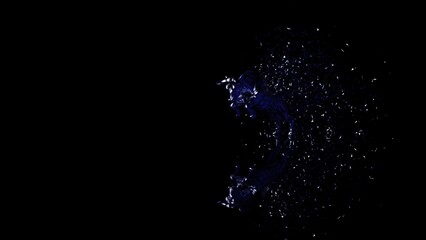 Metallic silver bull with purple particles in dramatic contrasting light representing financial market trends under black-blue background. Concept 3D CG of stock market.