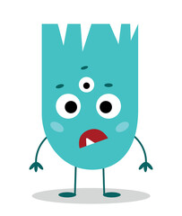 Blue monster character. Toy or mascot for children. Graphic element for Halloween website and sticker for social networks. Abstract multieyed frustrated person. Cartoon flat vector illustration