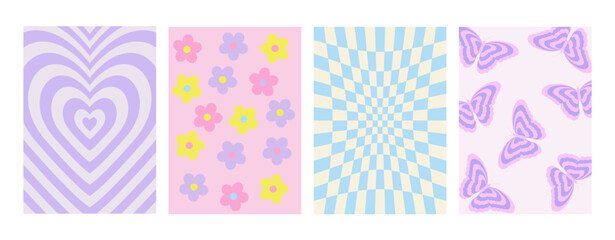 Abstract groovy Y2K background set. Vector posters in trendy retro psychedelic 2000s style. Aesthetic hippie. Girly cute design.