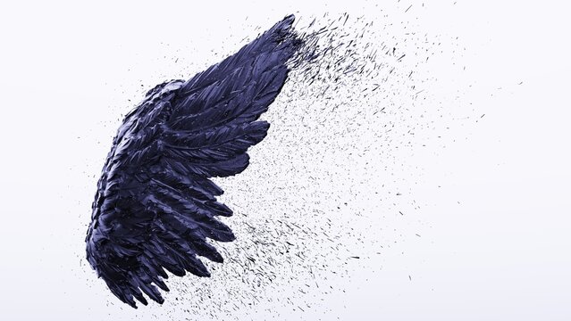 Blue tone black wing with black particles under black-white lighting background. Concept image of free activity, decision without regret and strategic action. 3D CG. 3D illustration.