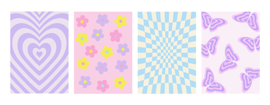 Abstract groovy Y2K background set. Vector posters in trendy retro psychedelic 2000s style. Aesthetic hippie. Girly cute design.