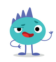 Blue monster character. Round surprised person with coarse hair. Halloween toy for kids. Fantasy, imagination, evil and horror, fear. Poster or banner for website. Cartoon flat vector illustration