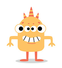 Yellow monster character. Mutant with large head and four eyes. Horror and fear. Witchcraft, magic and mysticism. Imagination, fantasy and fairy tales. Toy or mascot. Cartoon flat vector illustration