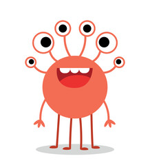 Obraz premium Orange monster character. Round cute mutant with more eyes. Toy or mascot for children. Poster or banner for website, sticker for social networks and messengers. Cartoon flat vector illustration