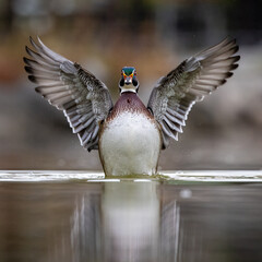 Male Wood duck (aix sponsa) stretching wings facing towards camera Colorado, USA