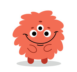 Orange monster character. Round fluffy mutant with three eyes. Soft toy for children, Halloween mascot. Feast of fear and horror. Mysticism, witchcraft and magic. Cartoon flat vector illustration