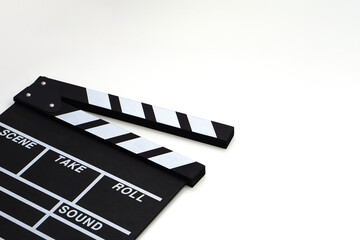 Fototapeta na wymiar Clapperboard or movie slate black color on white background. Cinema industry, video production and film concept.