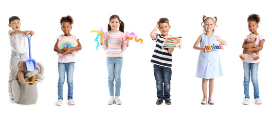 Group of different children with toys on white background