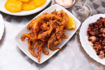 Traditional spanish beer snack - baked squid tentacles. High quality photo