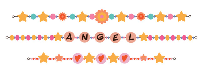 Bracelets from plastic beads in y2k style. Friendship, love bands. Colorful funky bracelets with letters, stars, hearts. Cartoon style. Hand made, diy concept. Flat vector set. 