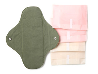 Different menstrual pads on white background