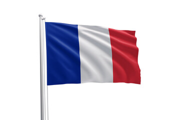 Flag of France waving in the wind. French flag on an isolated transparent background on a white flag pole
