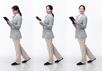 Full Length 20s Asian Woman wear formal business blazer suit  dress pant shoes. Black long straight...