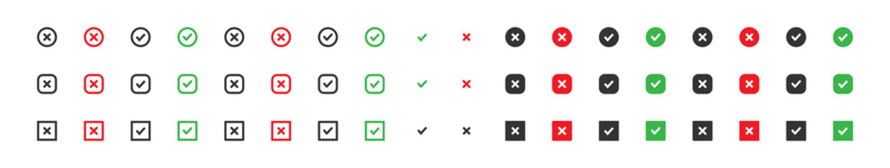 Checkmark icon set. Tick mark icon. Check, correct, yes, ok green sign. Cross, close, no, x red web buttot symbol in vector flat