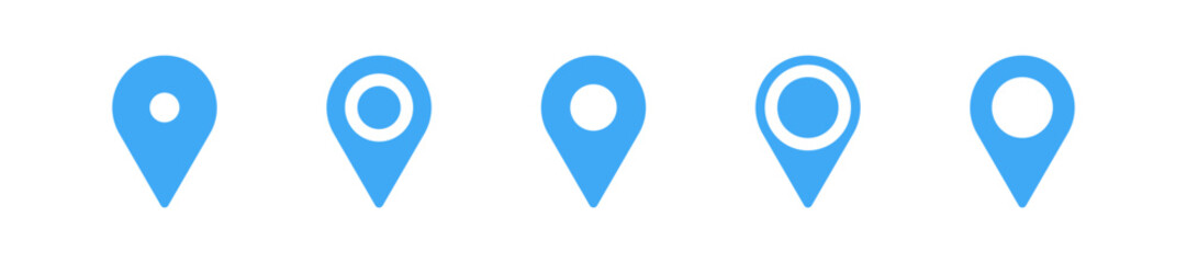 Map pin icon. Place symbol. Pointer sign set. Gps web point marker icon. Locate road and distance button in vector flat