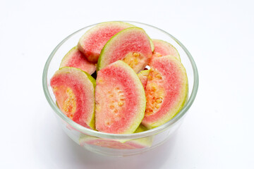 Fresh pink guava on white background.