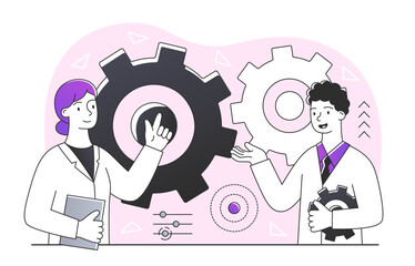 Search for solutions. Man and woman on background of gears, logical processes, analysis. Brainstorm, idea and insight. Partners and colleagues. Poster or banner. Cartoon flat vector illustration