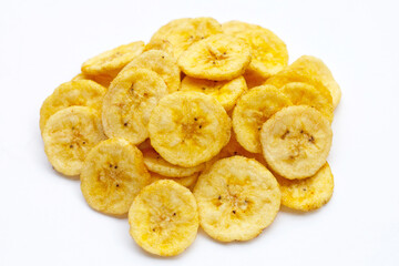 Banana slice chips on white background. © Bowonpat