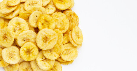 Banana slice chips on white background.