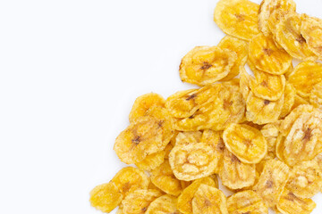 Banana slice chips on white background.
