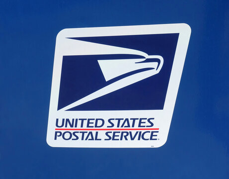 Close up of the United States Postal Service (USPS) "sonic" eagle logo, introduced in 1993, as seen on a new mailbox in Fort Lauderdale, Florida, USA. 