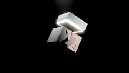 Dramatic 3D product render of textured white box opening to reveal a glowing edge with shiny gold labelling against a dark background