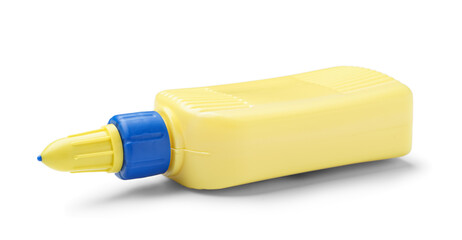 Yellow bottle of glue isolated on white background